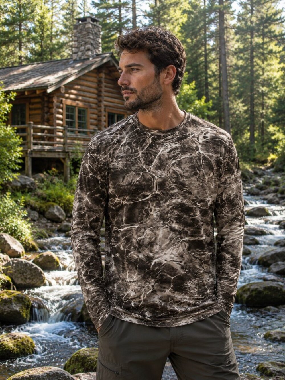 Mens Vapor Mossy Oak Elements Tshirt Top Long Sleeve M EUC Camo Outdoors